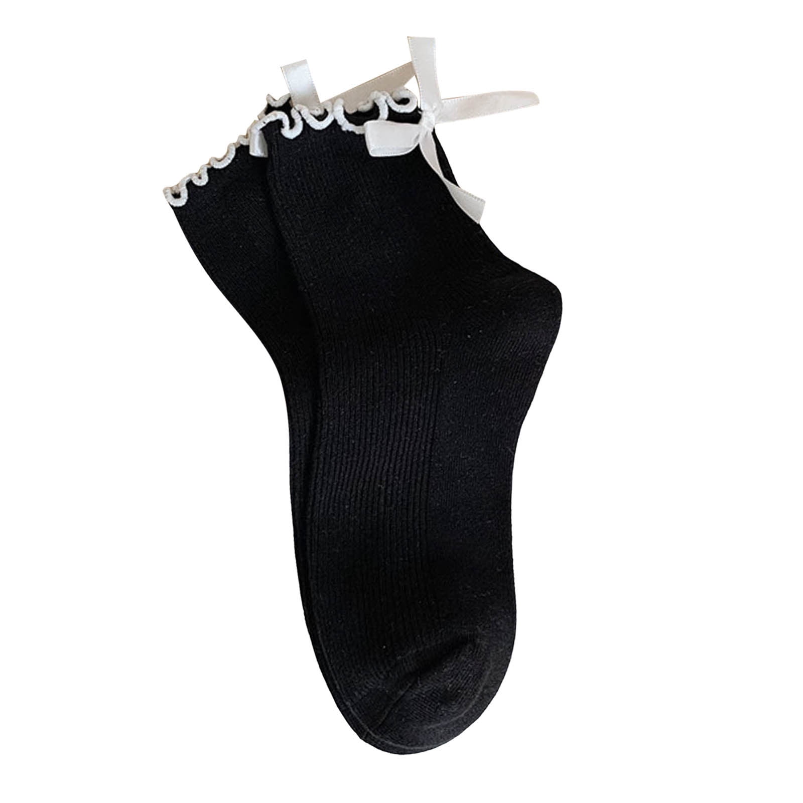Elegant Women Bow Socks with Ruffled Lace Trim Soft Casual Round Neck ...