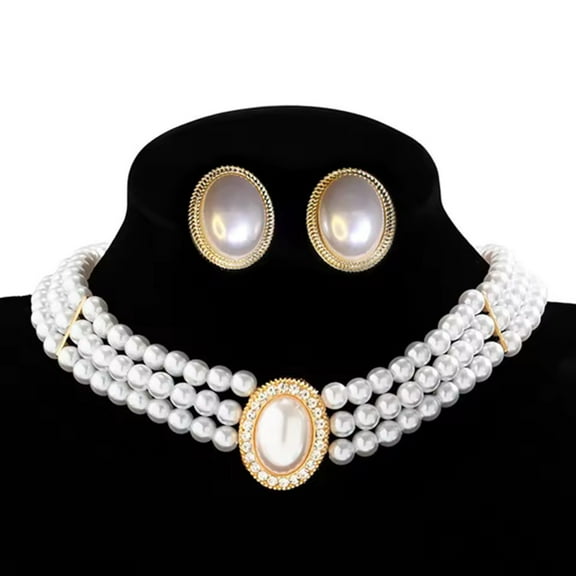 Elegant Women Large Simulated Pearl 3pc Necklace Earrings Luxury Fashion Jewelry Set