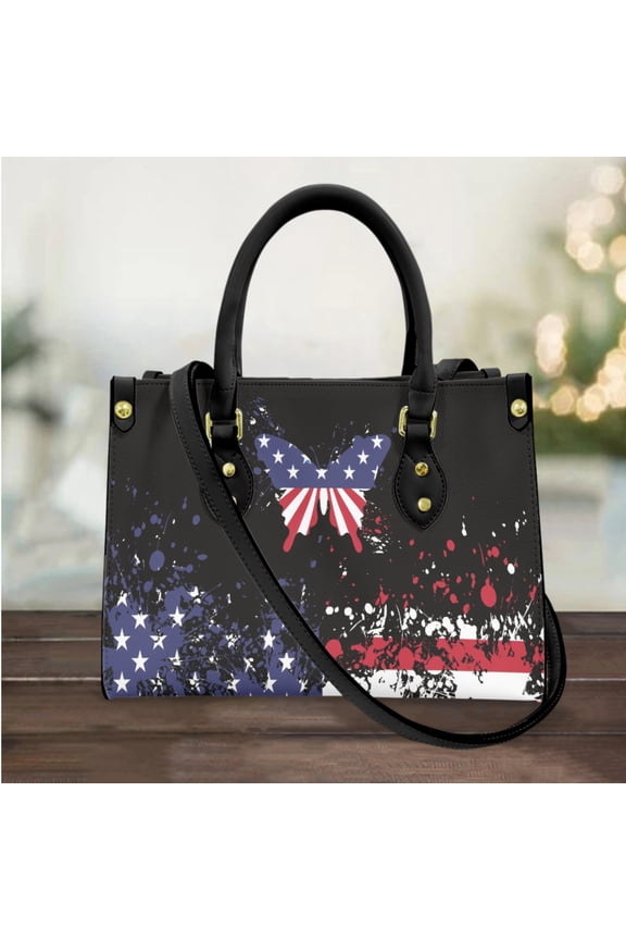 Elegant Women Messenger Bag Creative American Flag Butterfly Design Top Handle PU Leather Independence Day Gift