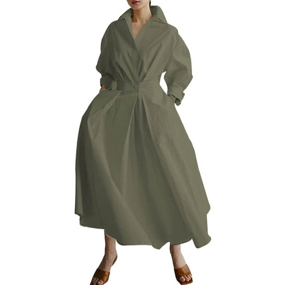 Elegant Women Plus Size Maxi Shirt Dress Long Sleeve Button Smocked Waist Loose Swing Long Dress with Pockets