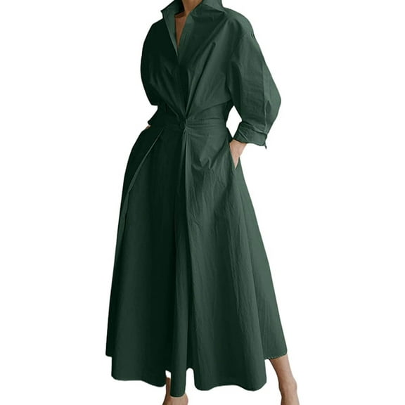 Elegant Women Plus Size Maxi Shirt Dress Long Sleeve Button Smocked Waist Loose Swing Long Dress with Pockets