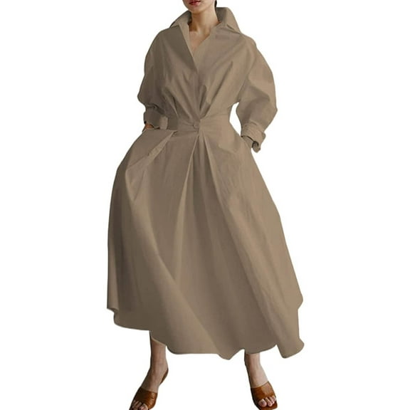 Elegant Women Plus Size Maxi Shirt Dress Long Sleeve Button Smocked Waist Loose Swing Long Dress with Pockets