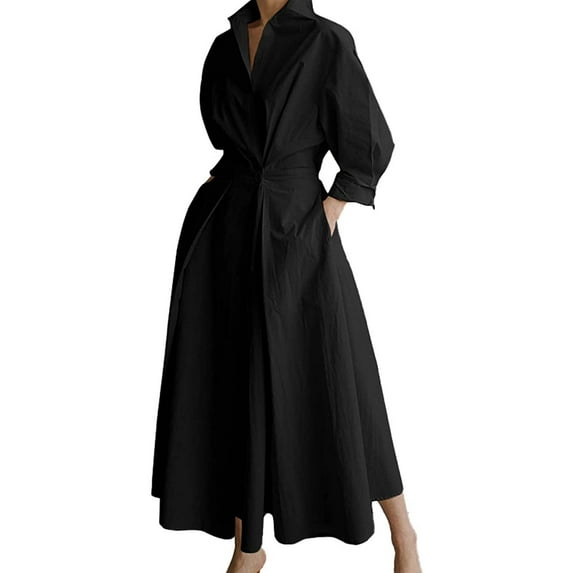 Elegant Women Plus Size Maxi Shirt Dress Long Sleeve Button Smocked Waist Loose Swing Long Dress with Pockets