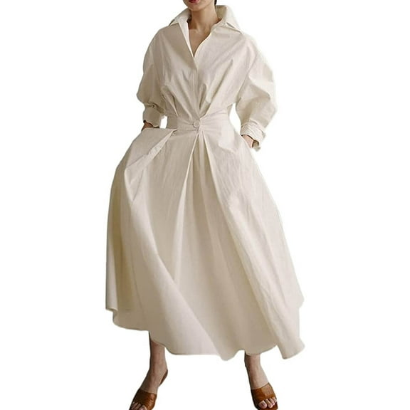 Elegant Women Plus Size Maxi Shirt Dress Long Sleeve Button Smocked Waist Loose Swing Long Dress with Pockets
