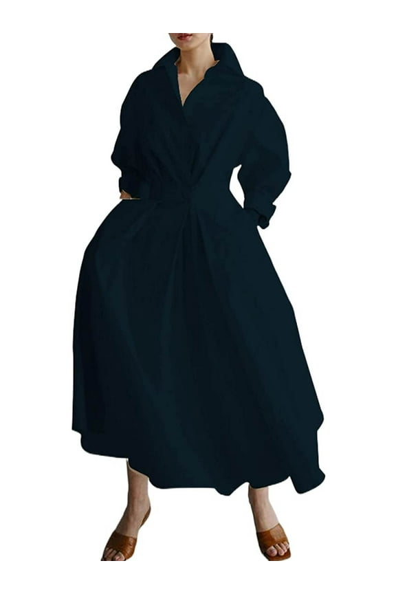 Elegant Women Plus Size Maxi Shirt Dress Long Sleeve Button Smocked Waist Loose Swing Long Dress with Pockets