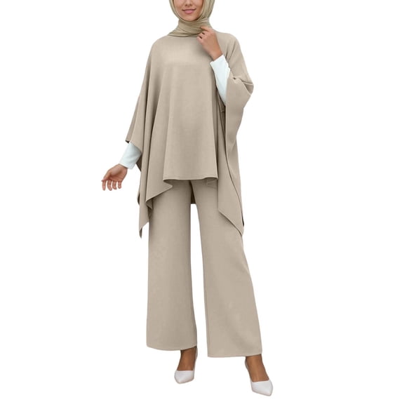 Elegant Women'S 2-Piece Cape Tunic & Wide-Leg Palazzo Pants Set - Flowy Casual Outfit For Daily & Dressy Occasions