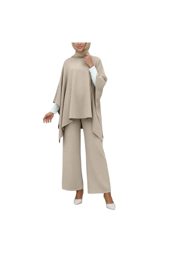 Elegant Women'S 2-Piece Cape Tunic & Wide-Leg Palazzo Pants Set - Flowy Casual Outfit For Daily & Dressy Occasions