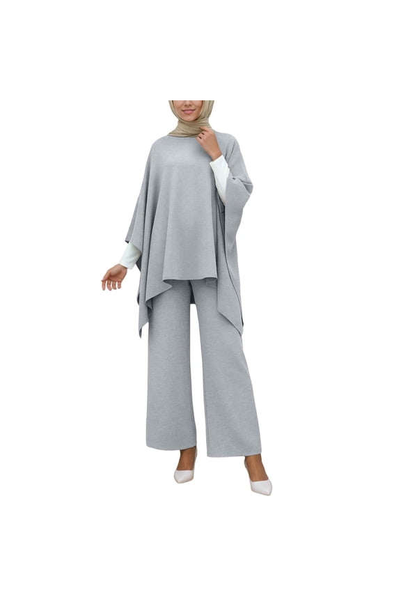 Elegant Women'S 2-Piece Cape Tunic & Wide-Leg Palazzo Pants Set - Flowy Casual Outfit For Daily & Dressy Occasions