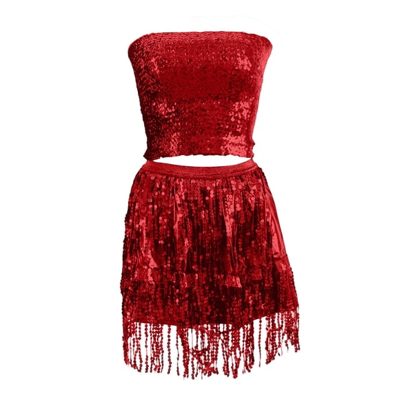 Elegant Women'S Carnival Sequin Performance Set Stretch Bustier Top And Skirt Dance Party Outfit
