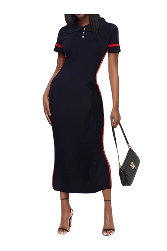 Elegant Women'S Knitted Dress with Collar - Vintage Summer Sheath with Short Sleeve Buttons Black One Size