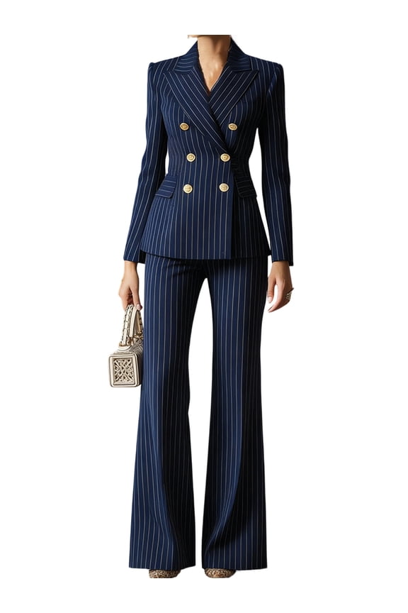 Elegant Women'S Stripe Suit with Double Breasted Buttons Jacket & Pants Set Navy Blue L