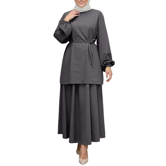 Elegant Women'S Two Piece Outfit Long Sleeve Tunic And Midi Skirt Set For Daily Wear