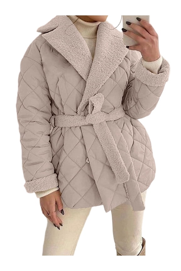Elegant Women'S Winter Puffer Jacket with Fleece Lining and Belted Wrap Design S