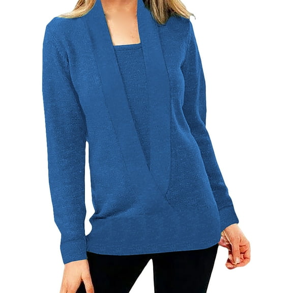 Elegant Women Tops Blouses Women Knitted Solid Color Deep V Neck Two Piece Long Sleeve Sweater Blouse Plus Size Tops