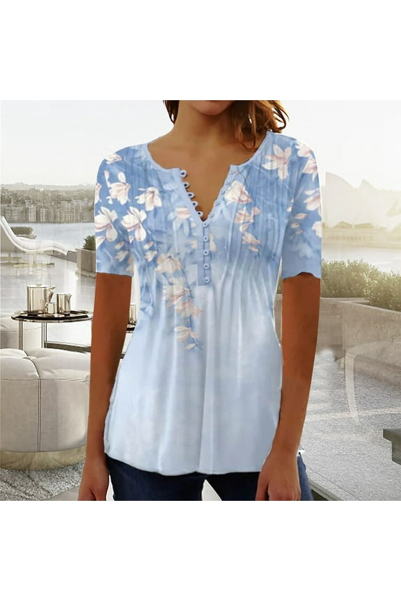 Elegant Women Tops Floral Print Button Up V Neck Pleated T Shirts Summer Casual Short Sleeve Tee Shirt Blouses Top Dressy Trendy 2024