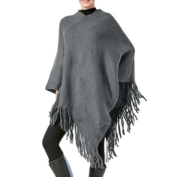 Elegant Women V Neck Poncho Sweater Knit Pullover Cape Lightweight Shawl Wrap With Decorative Fringes