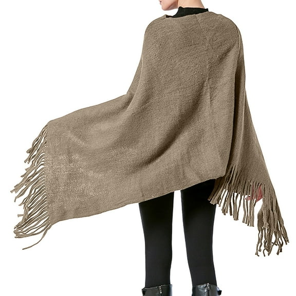 Elegant Women V Neck Poncho Sweater Knit Pullover Cape Lightweight Shawl Wrap With Decorative Fringes