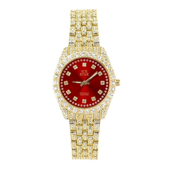 Elegant Women's 32mm Iced Diamond Watch - Shiny Sleek Dial with Sparkling Simulated Crystals - Adjustable Bling-ed Metal Band - Luxury Timepiece - 14k Gold Tone Finish
