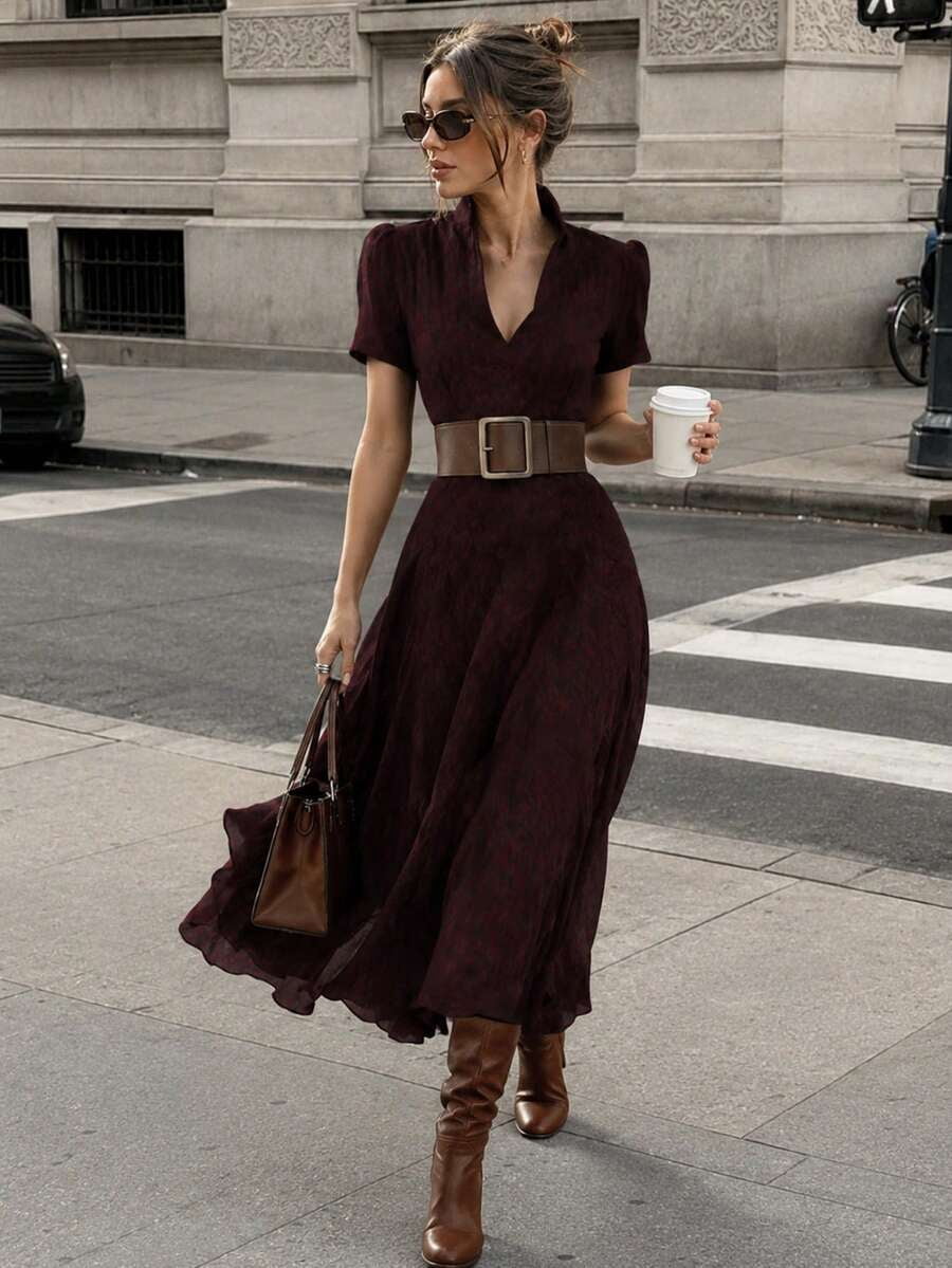 Elegant Women's A-Line V-Neck Short Sleeve Flared Midi Dress ...