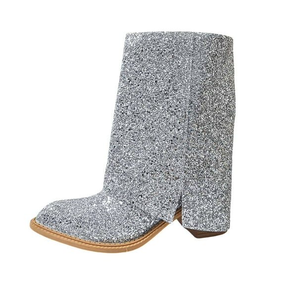 Xiaoxatg Elegant Women's Ankle Boots Sparkly Glitter Party Footwear for Stylish Occasions and Daily Wear with Mid Calf Heel Design 8.5 Silver