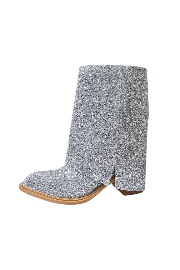 Elegant Women's Ankle Boots Sparkly Glitter Party Footwear for Stylish Occasions and Daily Wear with Mid Calf Heel Design 7.5 Silver