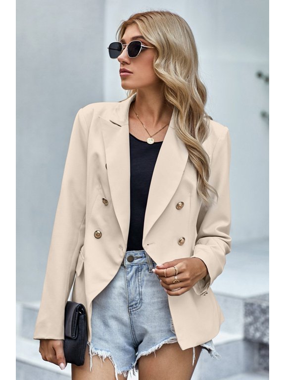 Elegant Women's Apricot 3/4 Sleeve Double Breasted Blazer