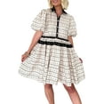 thumbnail image 1 of Elegant Women's Black Boho Floral Striped Contrast Trim Bubble Sleeve Flared Dress - [ZhiHiMeRi] | (US 12-14)L, 1 of 12