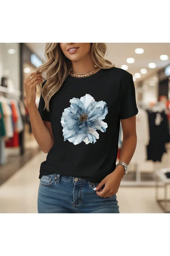 Elegant Women's Black T-Shirt Featuring Vibrant Blue & White Ethereal Floral Design Comfortable Short Sleeve Graphic Tee Top