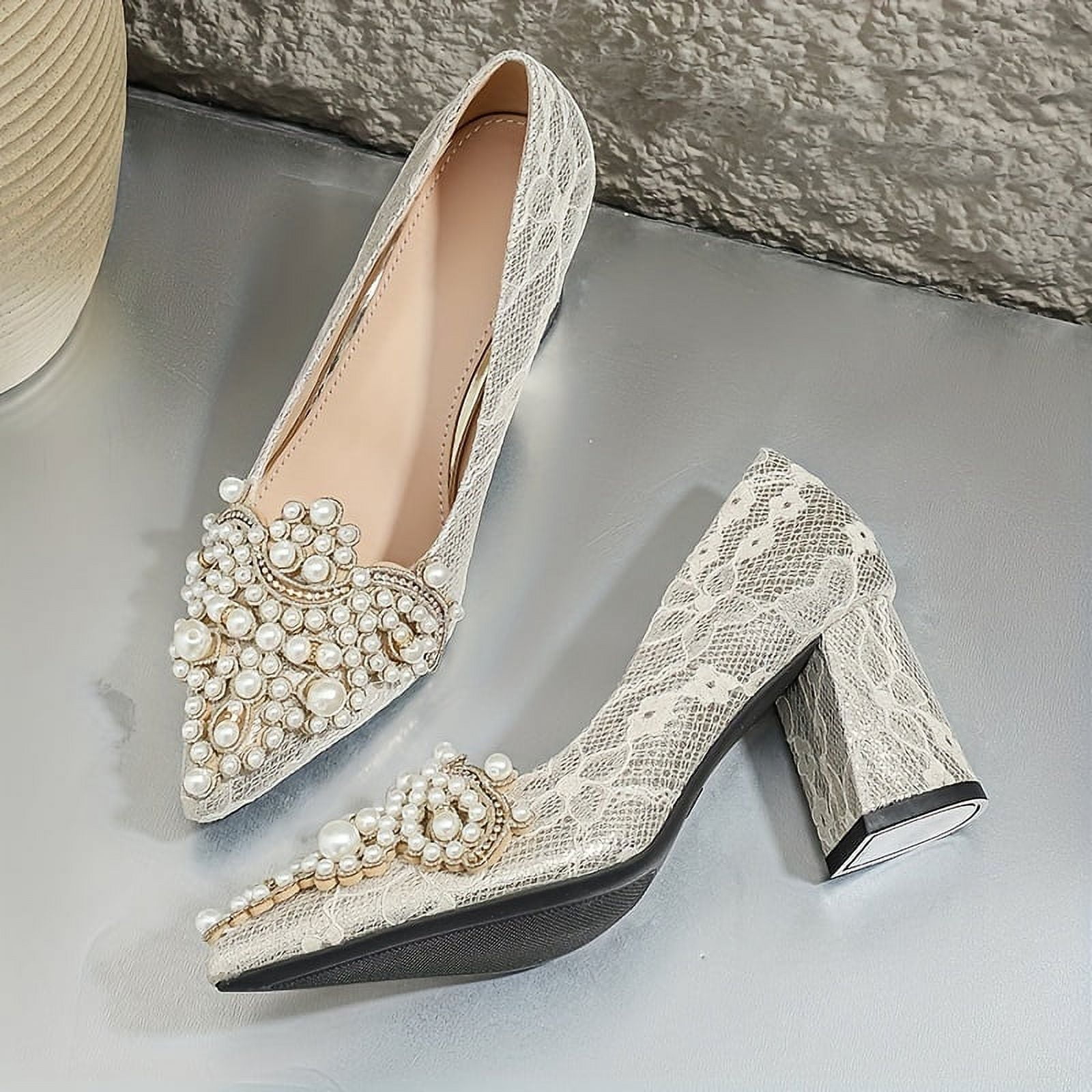 Elegant Women‘s Block Heel Dress Pumps with Faux Pearl Accents