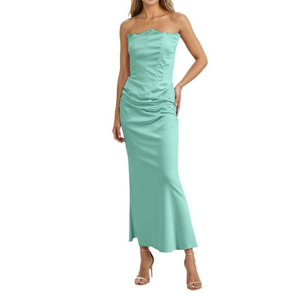 Elegant Women's Casual Dress For Party Evening Long Sleeveless Bodycon Formal Gown With Strapless Design