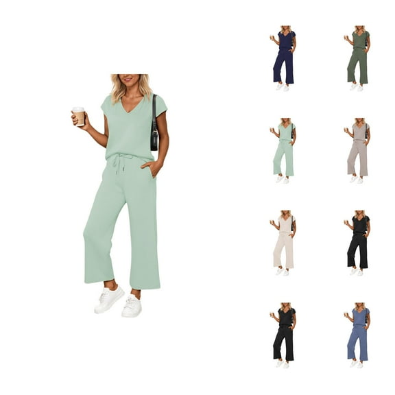 Women Pants Wide Leg Pants Elegant Women's Casual Pants Two Piece Set featuring V Neck Tops and Wide Leg Pants Ideal for Travel and Daily Use