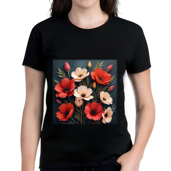 Elegant Women's Cotton Short Sleeve T-Shirt with Vibrant Red and White Floral Design on Dark Teal Background