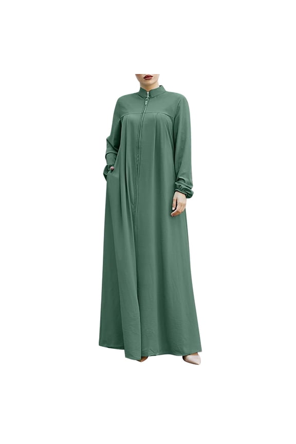 Elegant Women's Dress Arabic Style Cardigan Robe with Stand Collar and Pockets for Prayer Wear