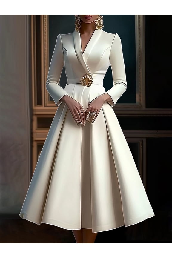 Elegant Women's Dress Wrap V Neck Long Sleeve Pleated Midi Dress Waisted Evening Party Dress Women's Long Dress Vestidos