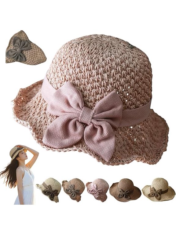 Elegant Women's Foldable Wide Brim Straw Sun Hat with Bow, UPF50+ Lightweight Floppy Bucket Beach Hat for Summer Travel Essential (Pink) (K)