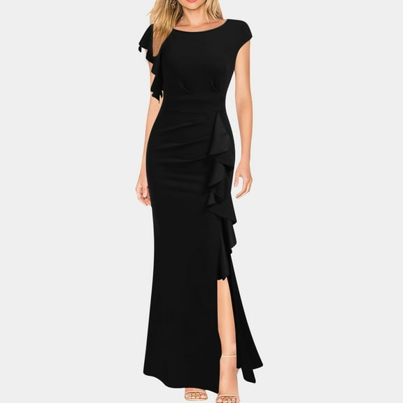 Elegant Women's Formal Dress - Crew Neck Gown with Ruffle Trim and Split Hem for Parties and