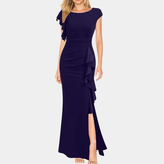 Elegant Women's Formal Dress - Crew Neck Gown with Ruffle Trim and Split Hem for Parties and