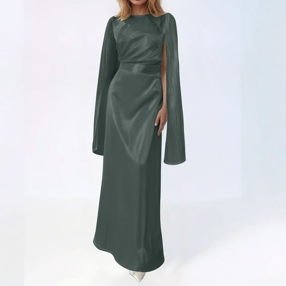 Elegant Women's Formal Dress For Daily Wear And Parties Round Neck Long Sleeve Solid Color Basic Style Versatile Outfit For Spring Summer And Fall Seasons Wedding Dresses for Guests Long Moms Wedding