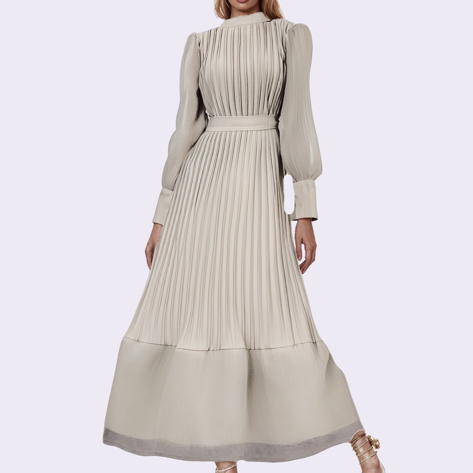 Elegant Women's Formal Dress Long Sleeve Round Neck Chiffon Party Gown ...