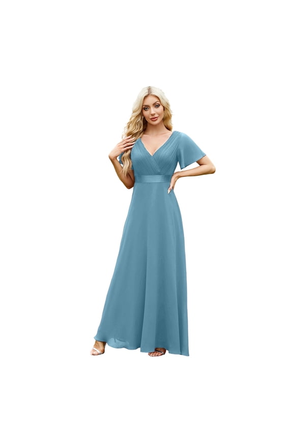Elegant Women's Formal Dress V Neck Flowy Chiffon Gown For Wedding Party Evening Occasion Casual Date Spring Summer Fall
