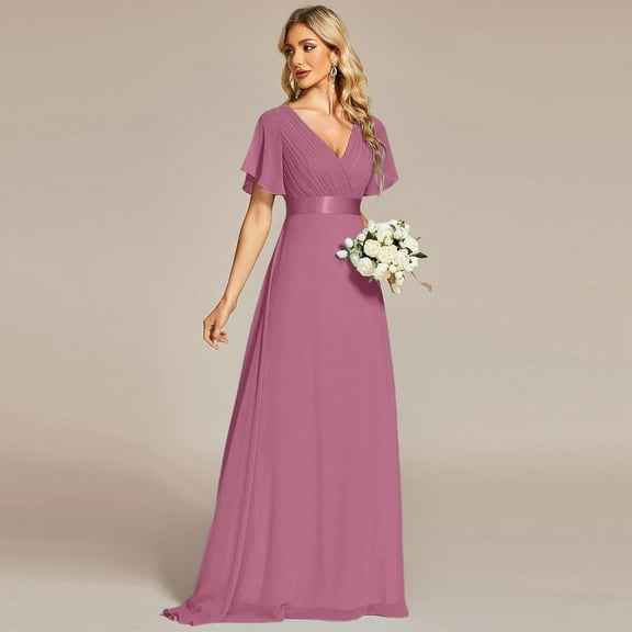 Elegant Women's Formal Dress V Neck Flowy Chiffon Gown For Wedding Party Evening Occasion Casual Date Spring Summer Fall Dress for Women Color Long Dress for Bridesmaid plus Size Lace Dress Long