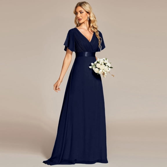 Elegant Women's Formal Dress V Neck Flowy Chiffon Gown For Wedding Party Evening Occasion Casual Date Spring Summer Fall Dress for Women Color Long Dress for Bridesmaid plus Size Lace Dress Long