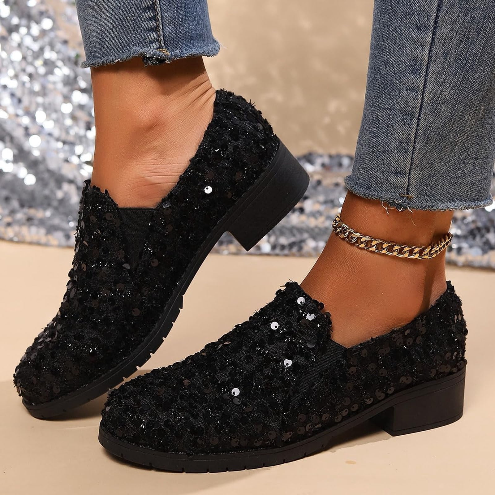 women's black glitter dress shoes Elegant - Loafers with Sequin, Silhouette_Sheath Column Split