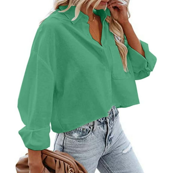 Elegant Women's Long Sleeve Crop Blouse Slim Fit Button Up Shirt For Business Casual Wear Tunic Tee Mint Shirt Tie Bottom Shirts for Women Quarter Sleeve Shirts for Women plus Womens Band T Shirts