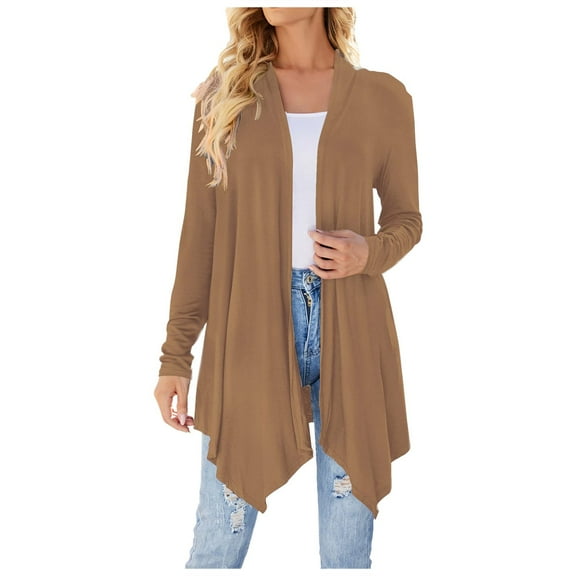 Elegant Women's Long Sleeve Draped Cardigan Open Front Lightweight Asymmetrical Mid-Length Coat for Autumn Fashion Women Casual Dress Sweater Long Sleeve Hoodie Womens Long Hooded Sweatshirt