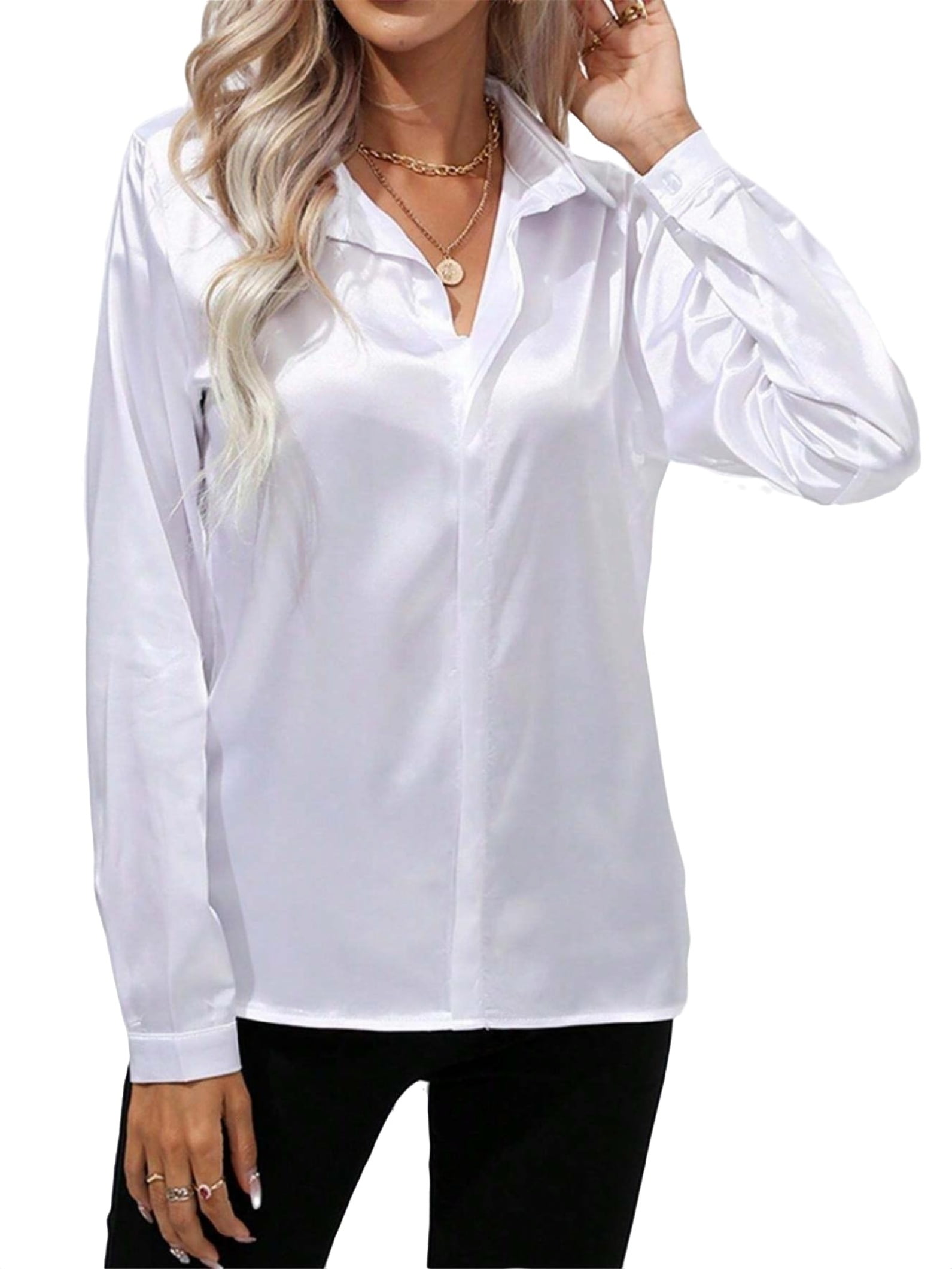 Elegant Women's Long Sleeve Turndown Collar Blouse - White Charmeuse ...