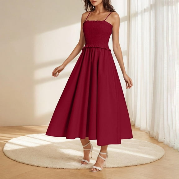 Elegant Women's Maxi Dress Solid Pleated Dress Round Neck Sleeveless Dresses Casual Comfortable All Occasion Wear with Slim Strap Fancy Comfortable Full Body Garment S-XXL