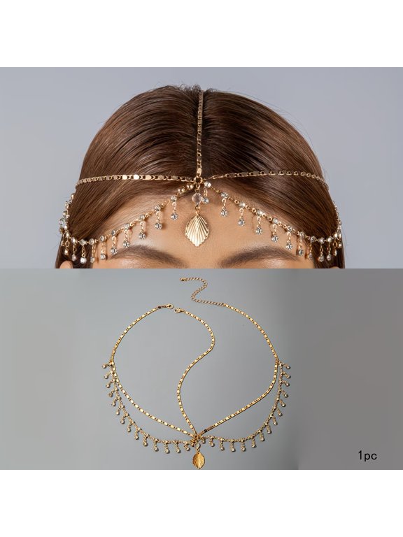 Elegant Women's Metal Leaf Oval Pendant Head Chain with Rhinestones