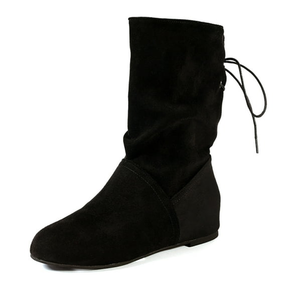 Xiaoxatg Elegant Women's Mid-Calf Boots with Suede Pleated Design and Flat Soles for Comfortable Long Wear 9 Black