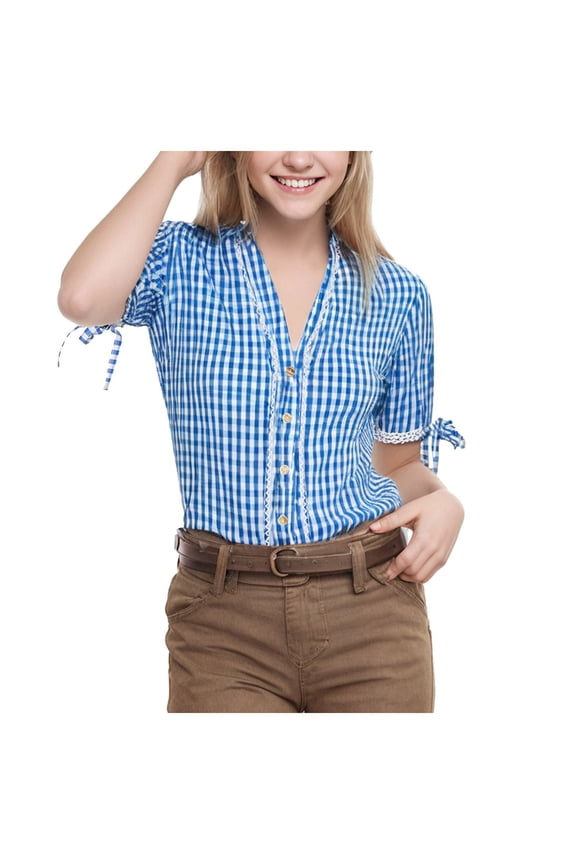 Elegant Women's Oktoberfest Festival Blouse Traditional Bavarian Folk Themed Party Top with Classic Checkered Design